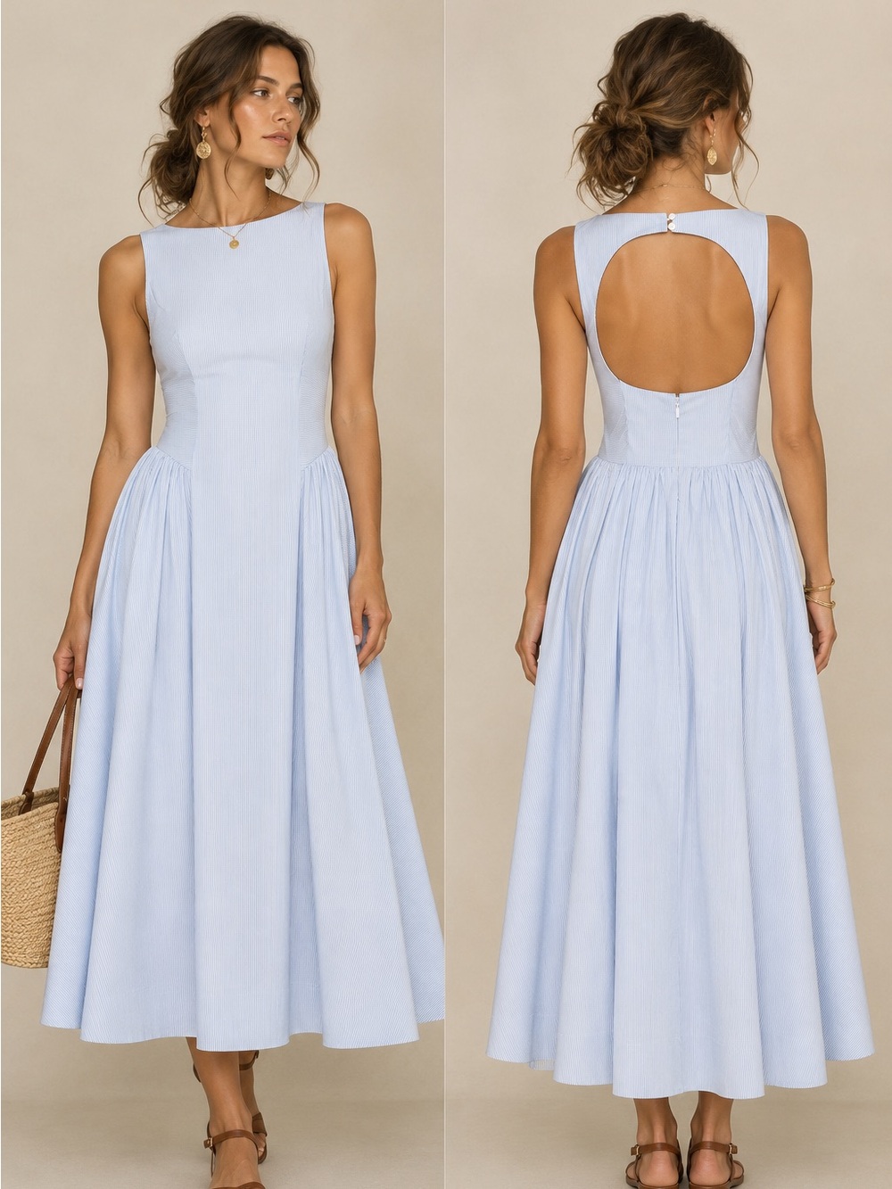 Aritzia Wilfred Tina Poplin Basque Cut Out Back Midi Dress Blue Striped Size 2